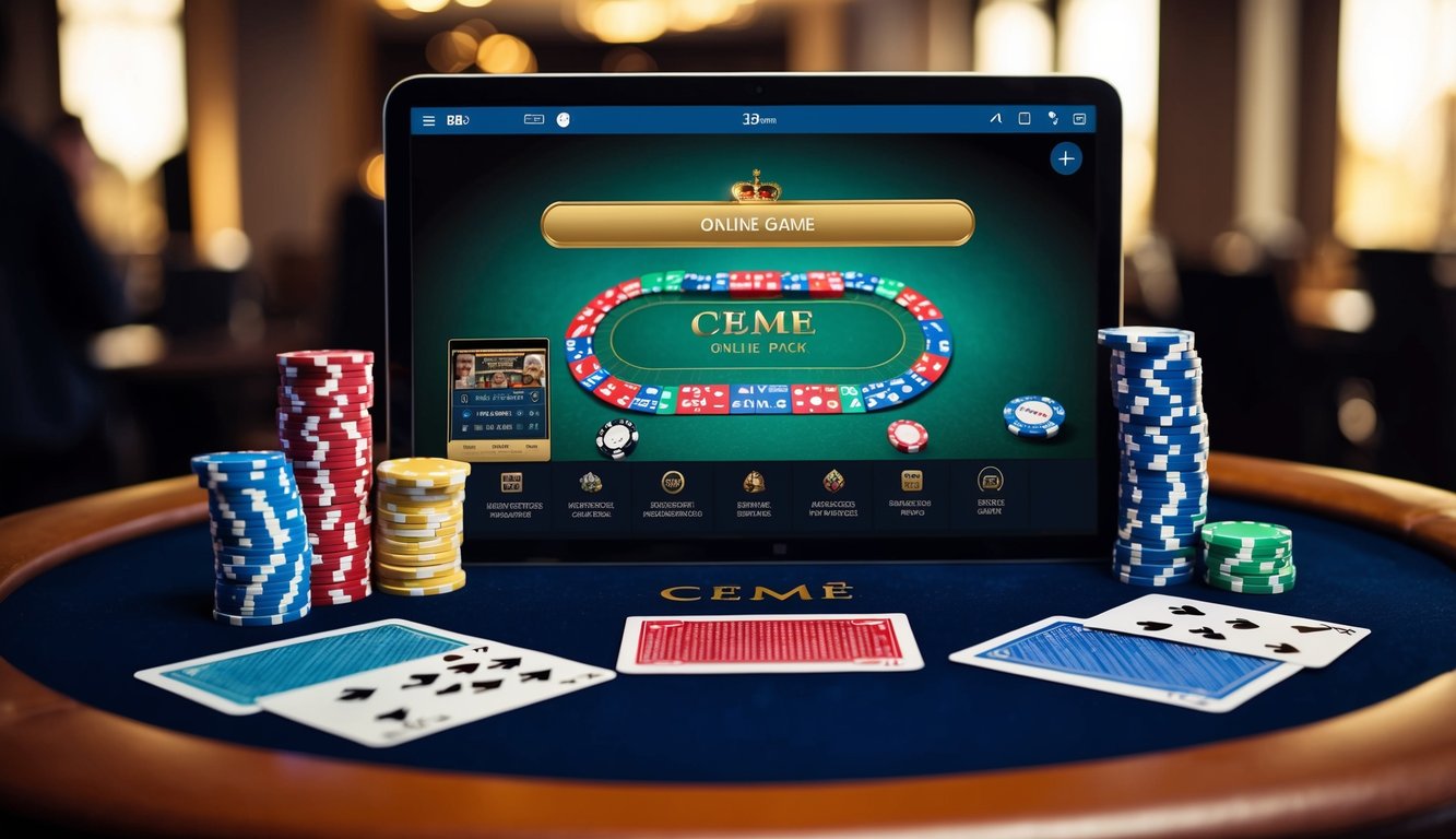 Sebuah meja dengan chip poker berwarna-warni, kartu permainan, dan perangkat digital yang menampilkan antarmuka permainan ceme online