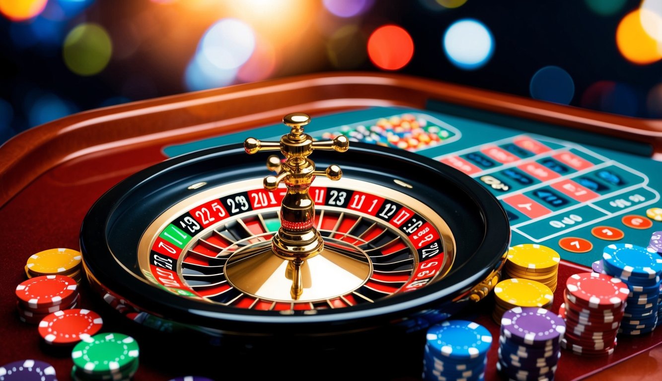 Meja roulette online yang hidup dengan roda yang berputar, chip taruhan berwarna-warni, dan antarmuka yang ramping