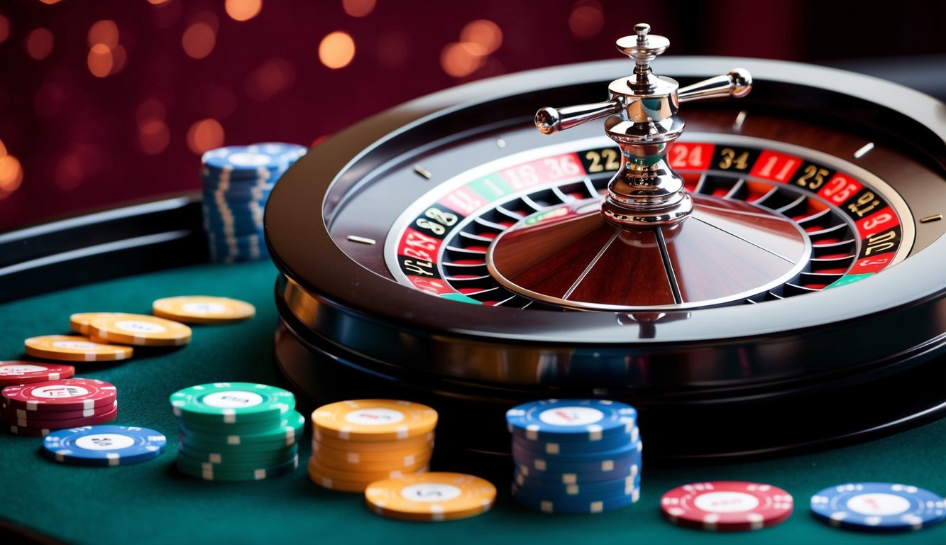 Roda roulette berputar dengan chip berwarna di atas meja