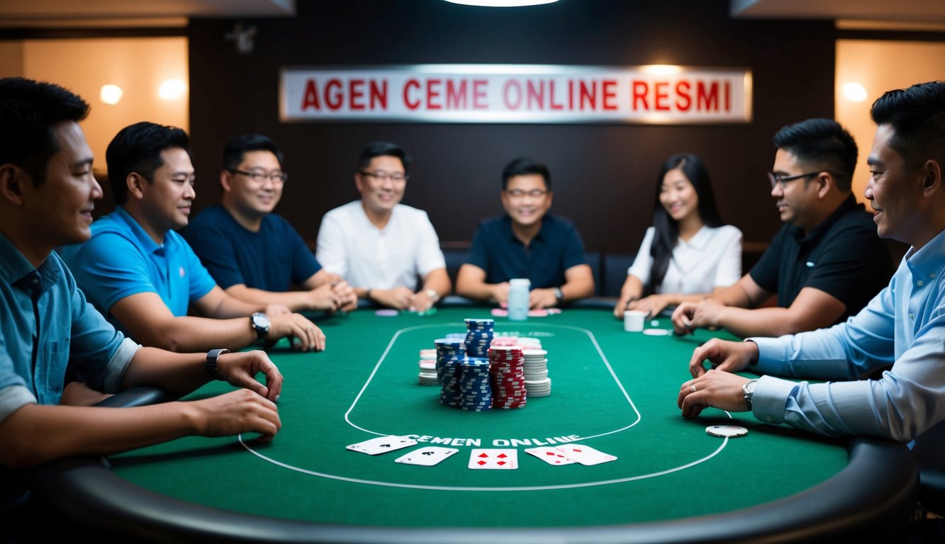 Sekelompok orang duduk di sekitar meja poker berlapis kain hijau dengan tumpukan chip dan kartu, di ruangan yang redup dengan tanda bertuliskan "Agen Ceme Online Resmi" di latar belakang