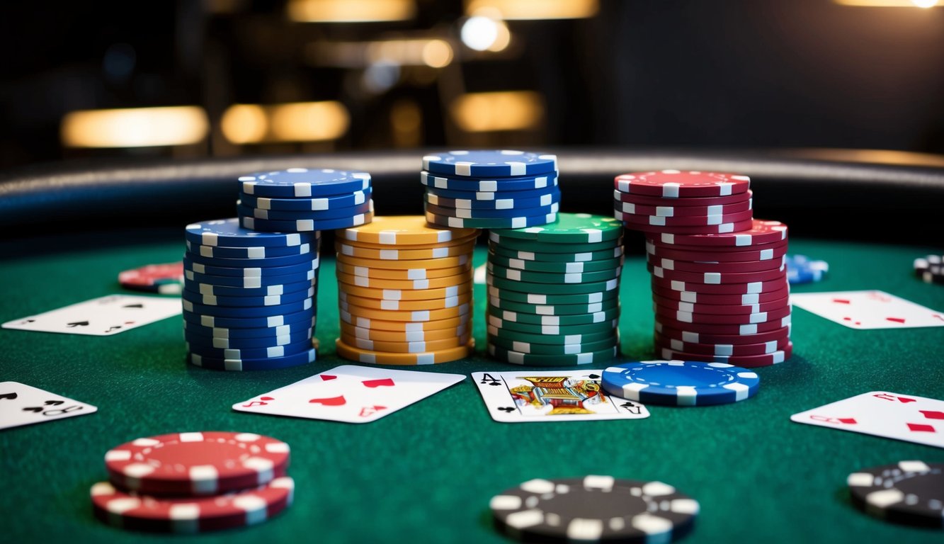 Sekelompok chip poker berwarna-warni yang disusun di atas meja felt hijau dengan kartu yang tersebar di sekitarnya, menunjukkan permainan poker online yang mudah dimenangkan.