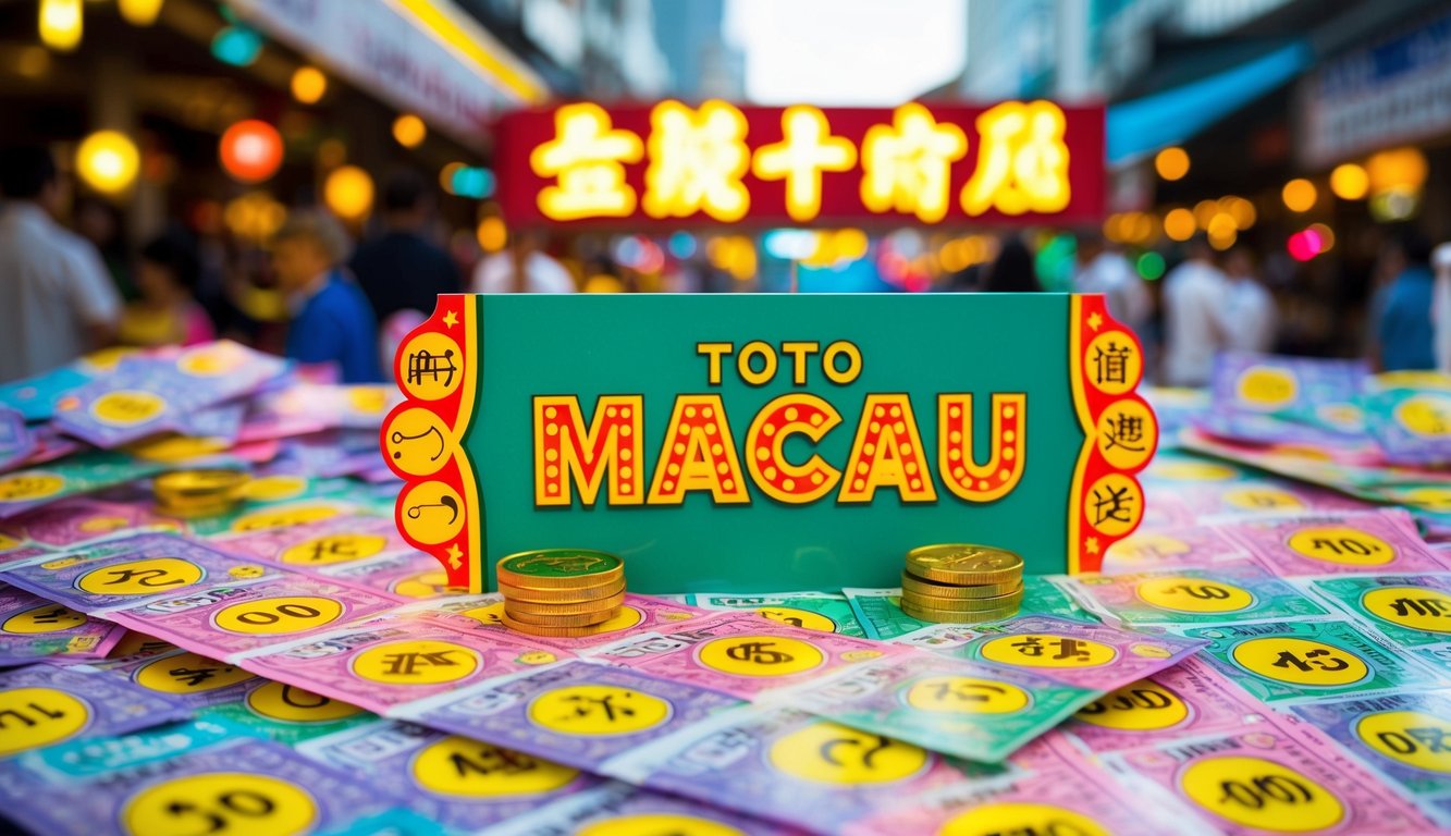 Sebuah tiket lotere berwarna-warni dikelilingi oleh simbol keberuntungan dan tanda yang diterangi bertuliskan "Toto Macau" di pasar jalanan yang ramai