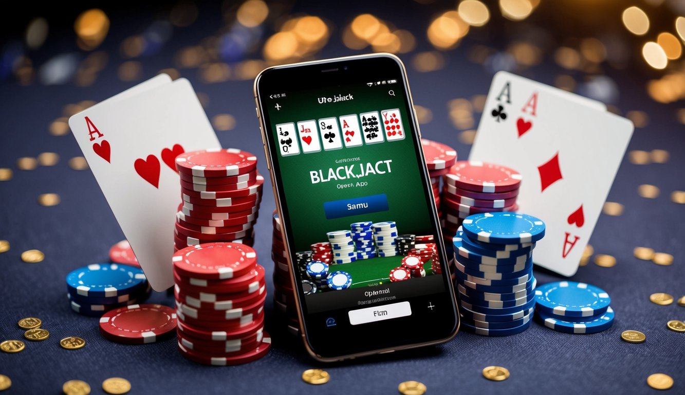 Sebuah smartphone dengan aplikasi permainan blackjack terbuka, dikelilingi oleh chip kasino dan kartu bermain