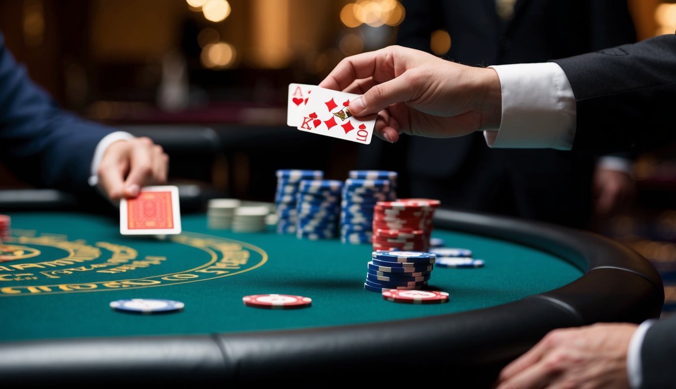 Sebuah meja blackjack dengan kartu, chip, dan tangan dealer yang membagikan kartu kepada pemain