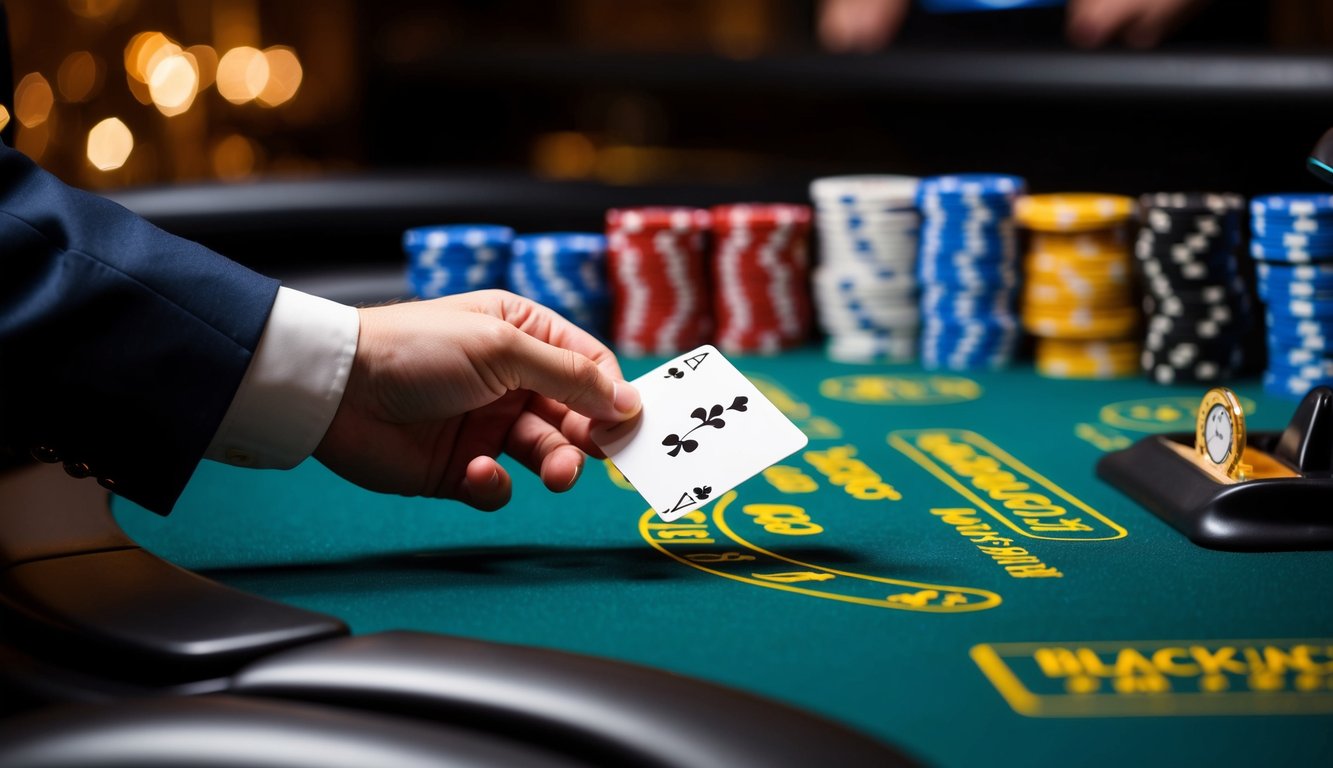 Tangan dealer membagikan kartu ke meja blackjack virtual dalam pengaturan kasino online langsung