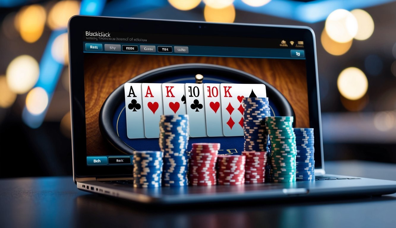 Sebuah layar digital menampilkan tangan blackjack yang menang, dengan tumpukan chip virtual dan kartu yang terletak di atas meja