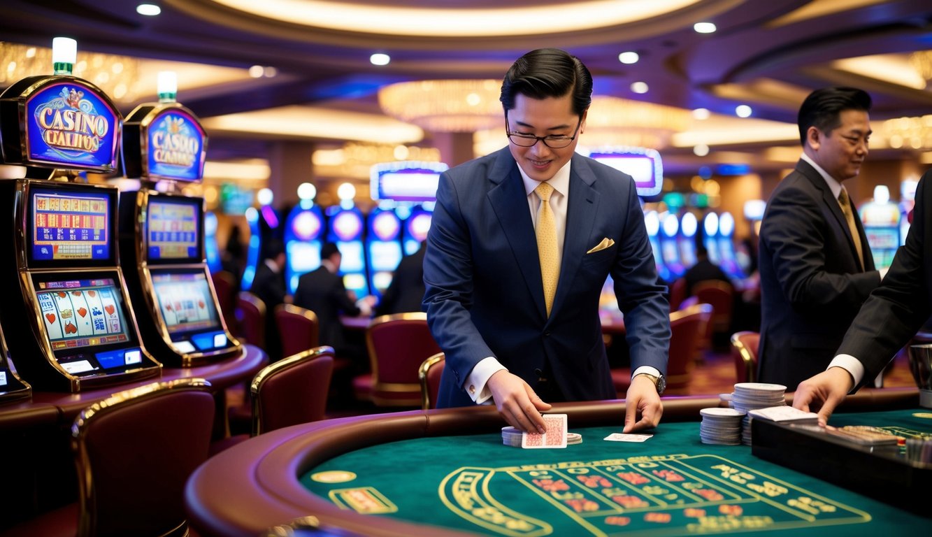 Sebuah kasino yang ramai di Macau, dengan mesin slot berwarna-warni dan meja, pengunjung memasang taruhan dan dealer mengocok kartu.