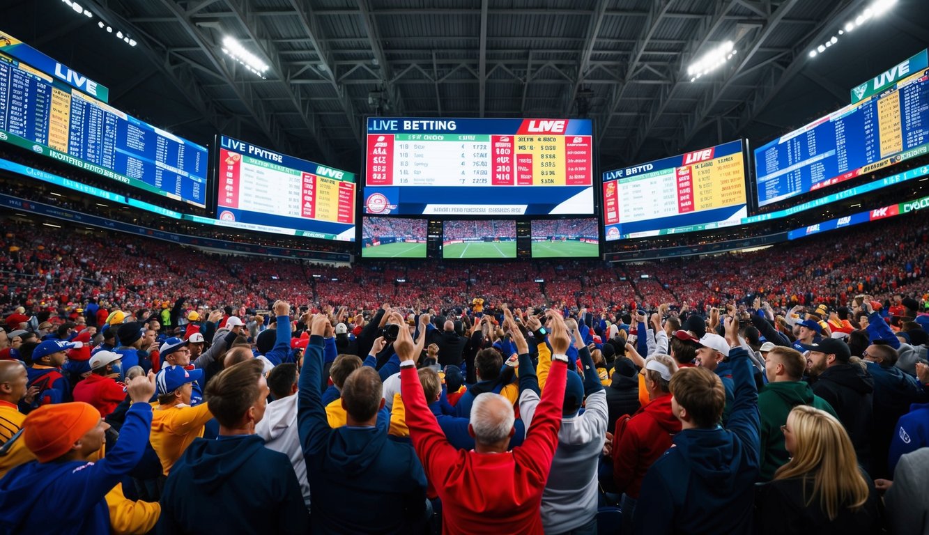 Sebuah stadion olahraga yang ramai dengan penggemar bersorak, dikelilingi oleh layar besar yang menampilkan odds taruhan langsung