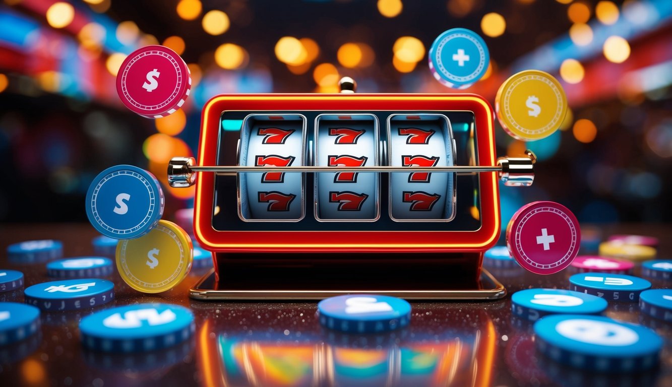 Sebuah mesin slot online berwarna-warni dikelilingi oleh simbol bonus yang berputar