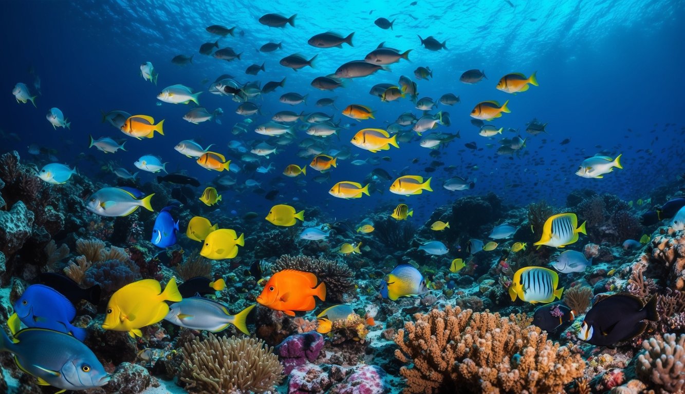 Sebuah dunia bawah laut yang ramai dengan ikan-ikan berwarna-warni dan berbagai makhluk laut, di latar belakang dasar laut yang cerah dan hidup.