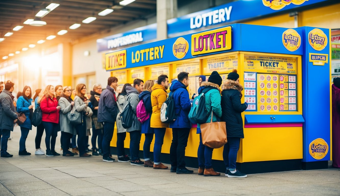 Sebuah stan tiket lotere yang berwarna-warni dan cerah dengan antrean orang-orang yang dengan antusias menunggu untuk membeli tiket mereka