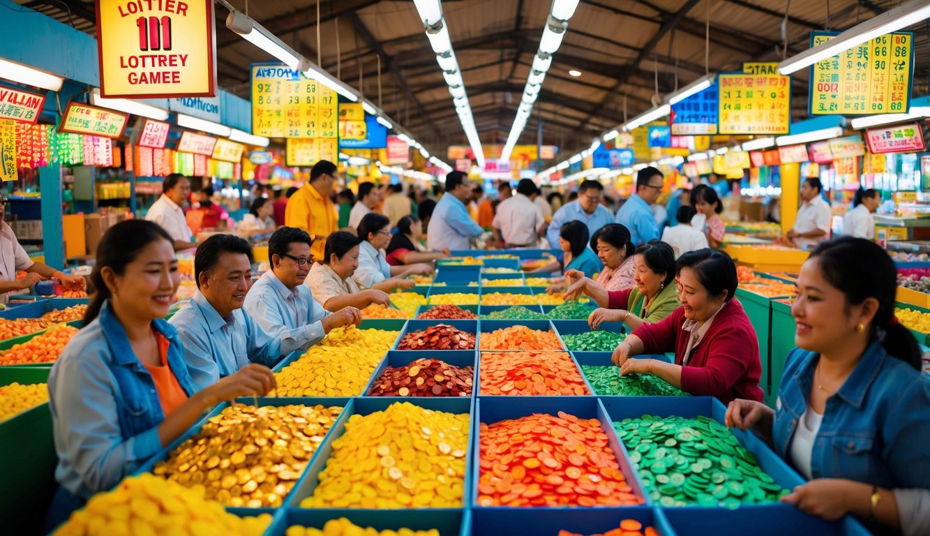 Sebuah adegan yang berwarna-warni dan cerah dari pasar yang ramai dipenuhi dengan berbagai permainan lotere dan peserta yang antusias