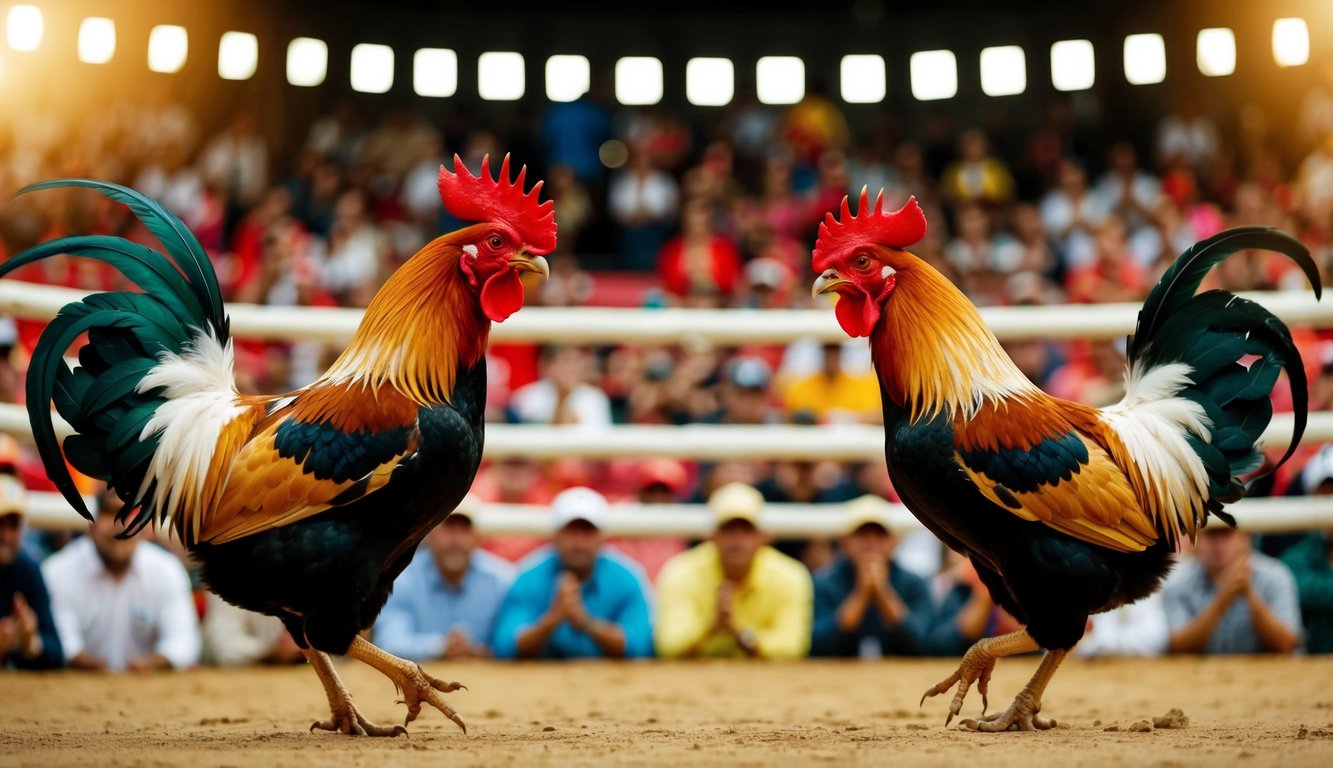 Sebuah arena yang ramai dengan dua ayam jantan yang berhadapan dalam pertandingan sabung ayam profesional, dikelilingi oleh penonton yang bersemangat