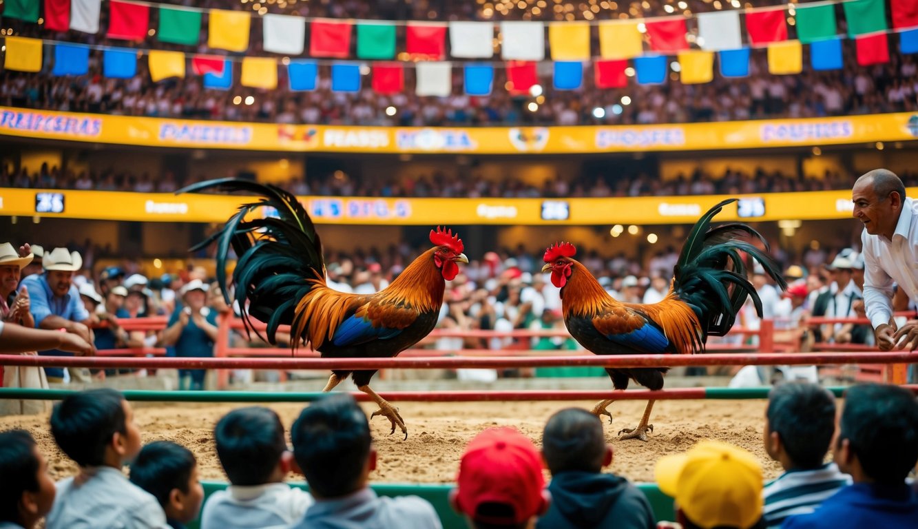 Sebuah arena yang ramai dengan ayam jantan bertarung, dikelilingi oleh penonton yang bersemangat dan spanduk berwarna-warni