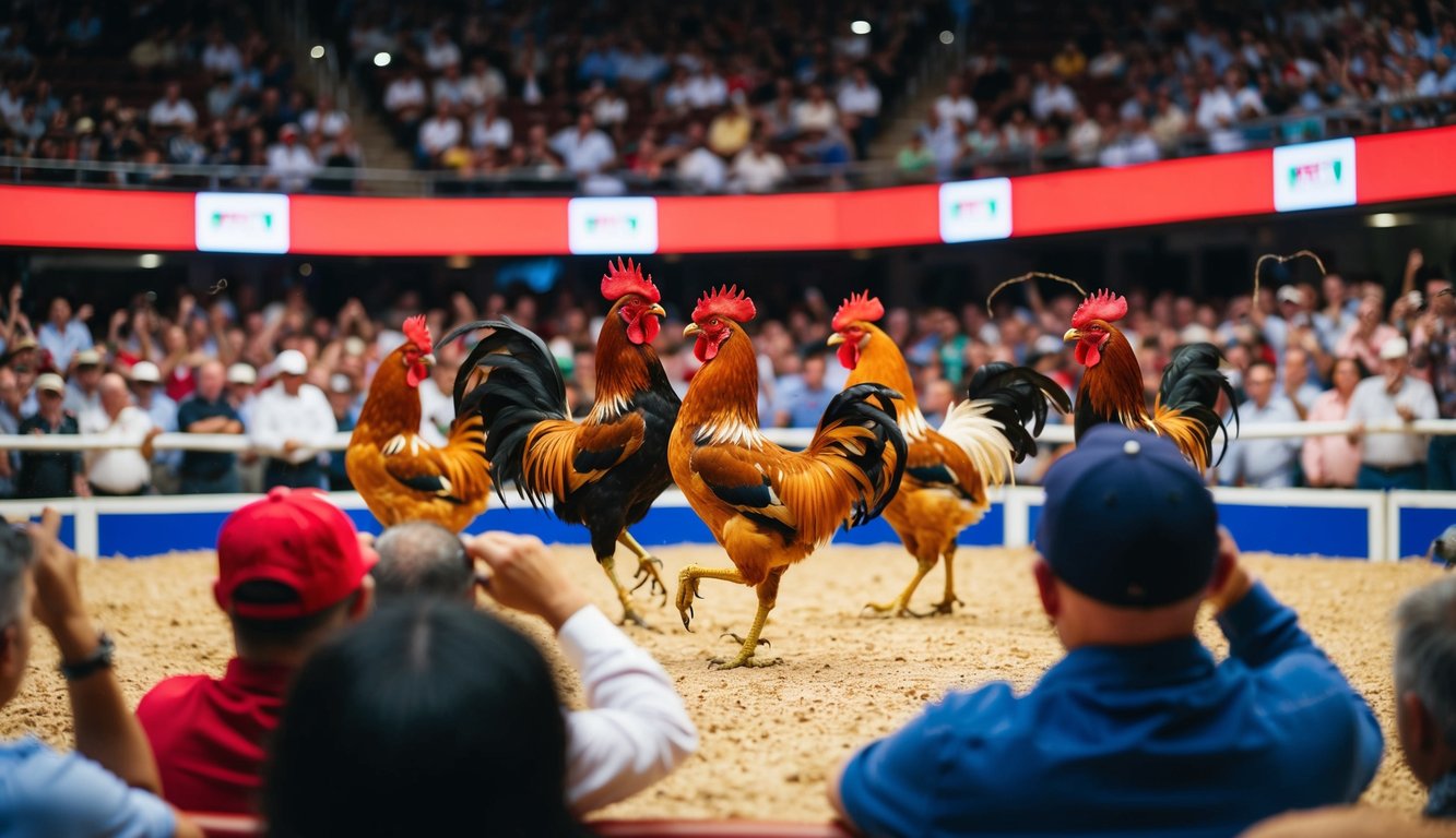 Sebuah arena yang ramai dengan ayam jantan yang bertarung, dikelilingi oleh penonton yang antusias