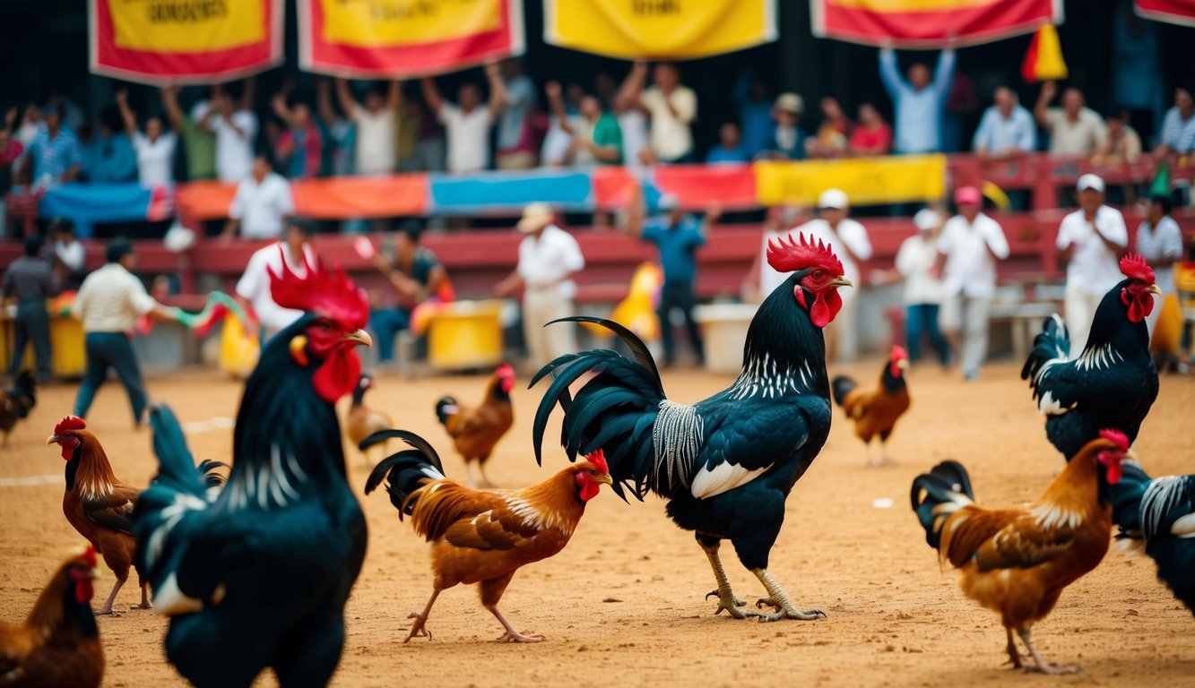 Sebuah arena sabung ayam yang ramai dan hidup dengan aliran orang dan ayam jantan yang terus-menerus, di latar belakang spanduk berwarna-warni dan penonton yang bersorak.