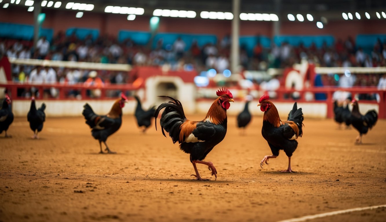 Arena sabung ayam yang ramai dan hidup dengan akses mudah bagi penonton