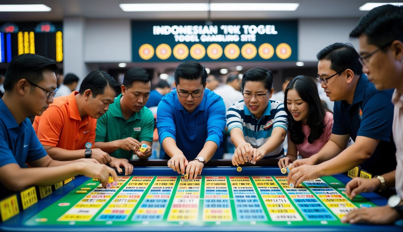 Sekelompok orang dengan antusias memasang taruhan pada papan lotere berwarna-warni di situs perjudian togel resmi Indonesia