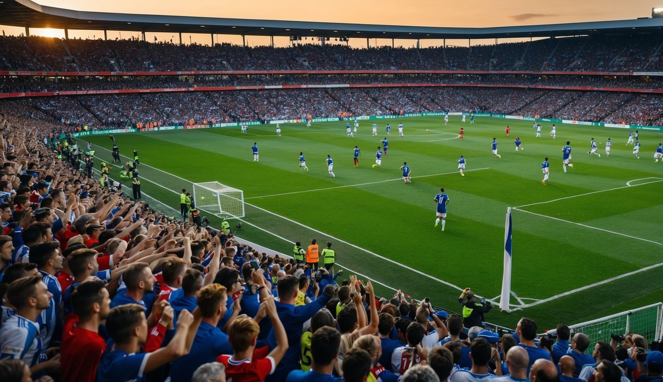 Sebuah stadion sepak bola yang ramai dengan para penggemar yang bersorak dan pemain di lapangan