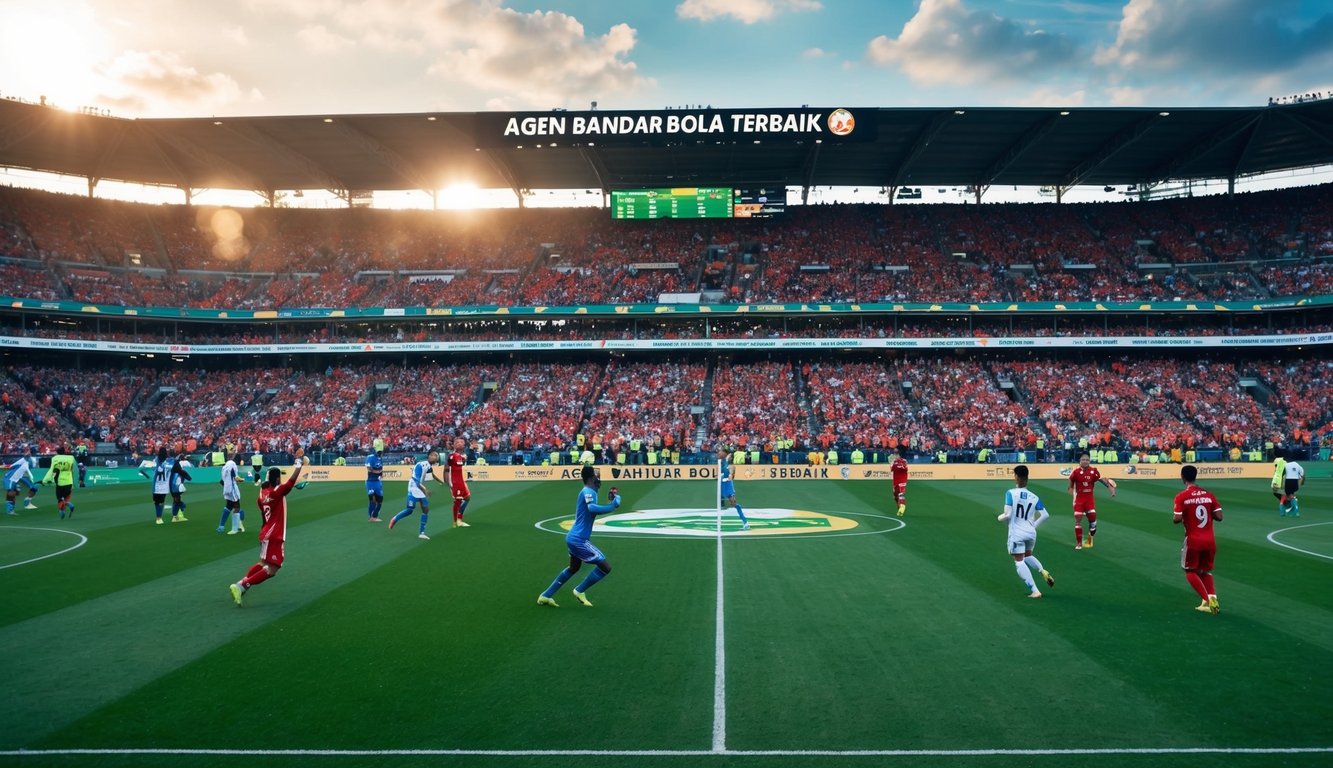 Sebuah stadion yang ramai dengan penggemar yang bersorak, pemain di lapangan, dan spanduk yang mempromosikan agen taruhan olahraga "Agen Bandar Bola Terbaik"