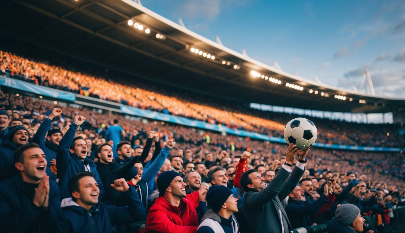 Sebuah stadion yang ramai dengan penggemar yang bersorak dan bola sepak yang bergerak