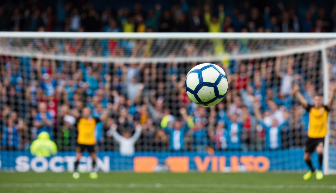 Sebuah bola sepak terbang ke dalam jaring gawang dengan penggemar yang bersorak di latar belakang