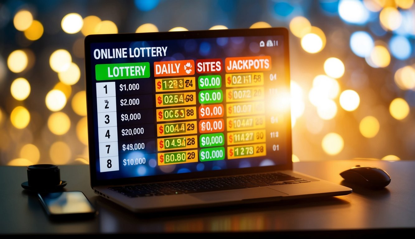 Sebuah layar digital yang bersinar menampilkan daftar situs lotere online dengan jackpot harian