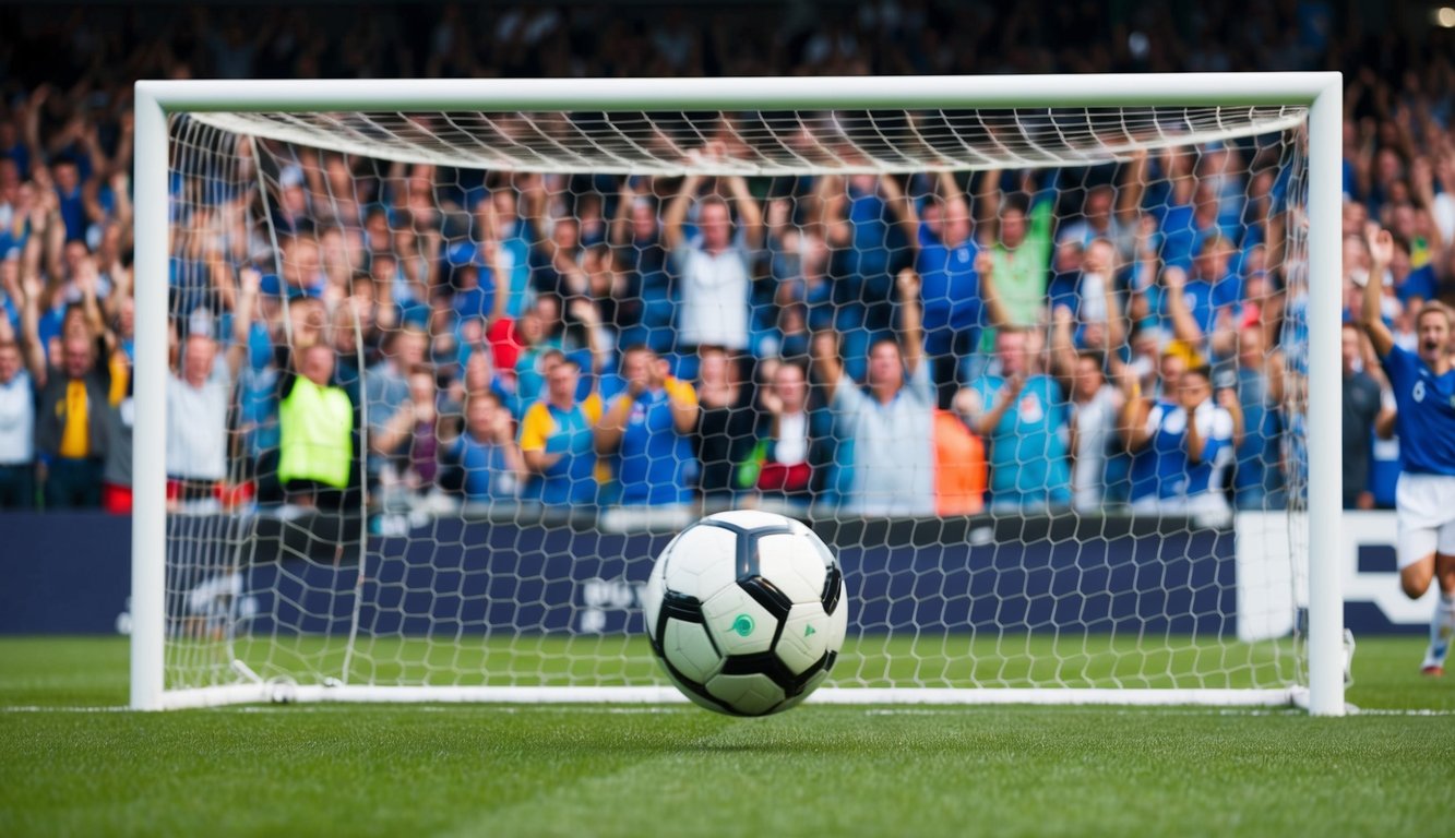 Sebuah bola sepak yang menggelinding ke dalam gawang dengan jaring, dikelilingi oleh penggemar yang bersorak di stadion