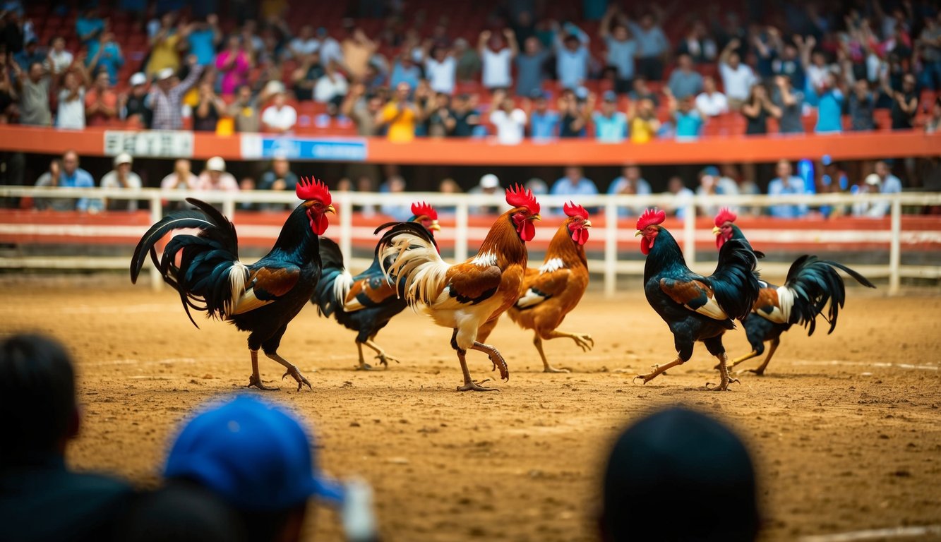 Arena sabung ayam yang meriah dengan penonton yang bersorak dan ayam jantan berwarna-warni yang bertarung