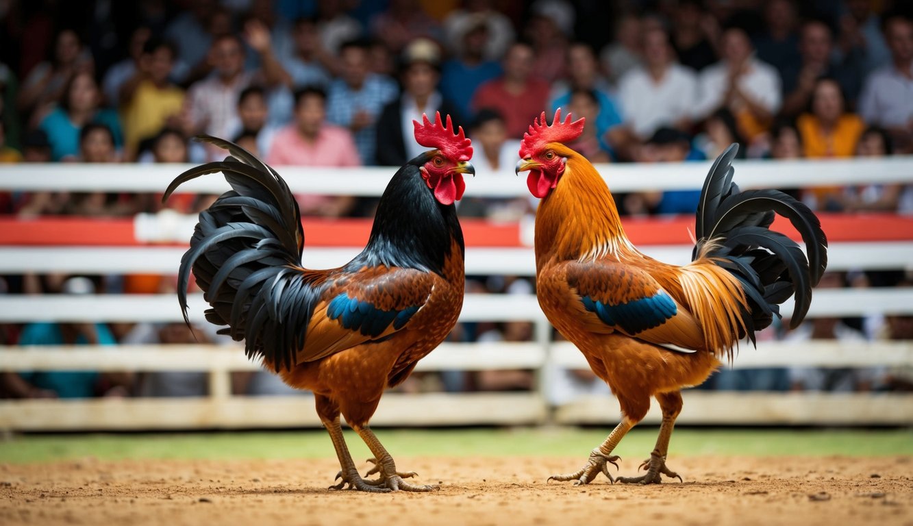 Dua ayam jantan berhadapan di arena yang ramai dan sibuk sementara penonton bersorak dan memasang taruhan pada pertarungan ayam langsung