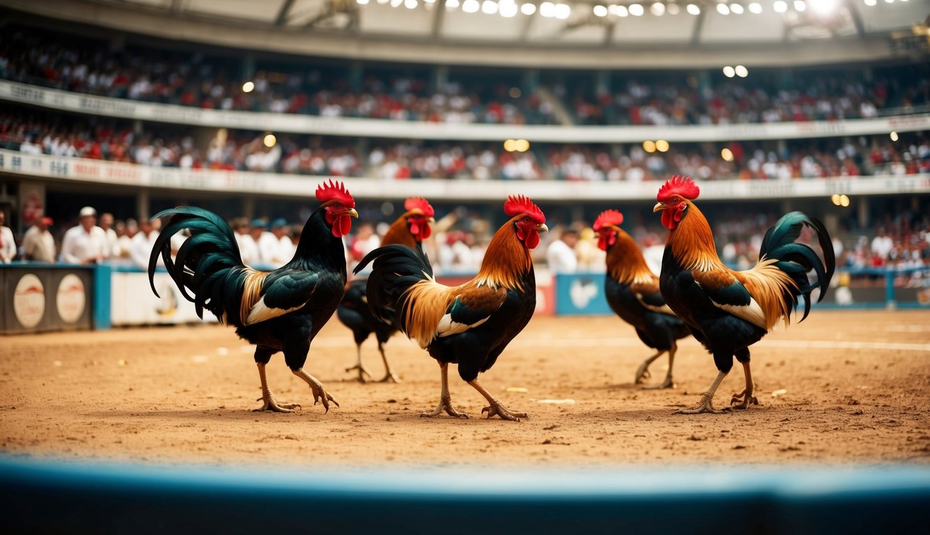 Sebuah arena sabung ayam resmi yang meriah dengan penonton yang bersorak dan ayam jantan berwarna-warni di tengah pertarungan sengit