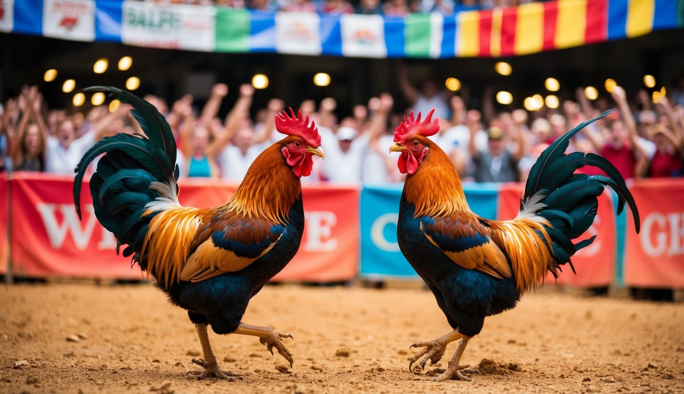 Sebuah arena yang ramai dengan dua ayam jantan yang saling berhadapan dalam pertarungan sengit, dikelilingi oleh penonton yang bersorak-sorai dan spanduk berwarna-warni.