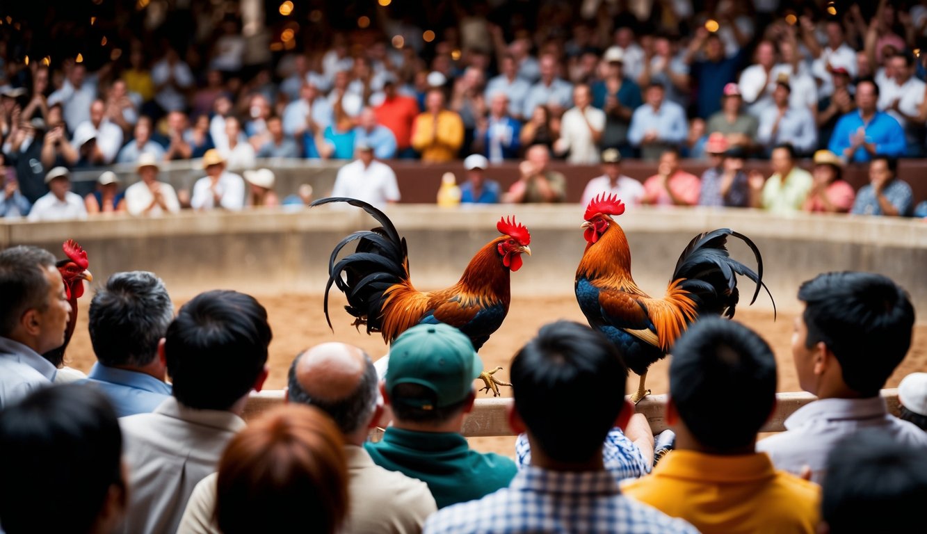 Sebuah arena yang ramai dengan ayam jantan bertarung di tengah, dikelilingi oleh penonton yang bersorak.