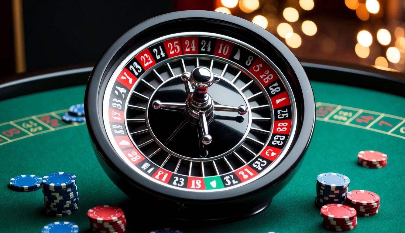 Sebuah roda roulette berputar dengan angka merah dan hitam, diletakkan di atas meja felt hijau dengan chip taruhan yang tersebar di sekitarnya