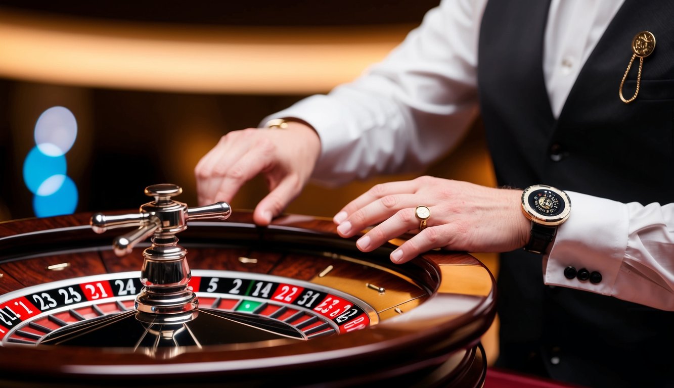 Roda roulette berputar dengan chip dan tangan dealer