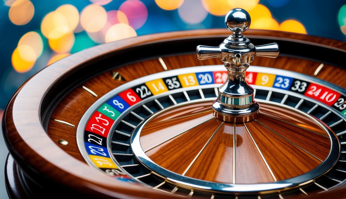 Roda roulette yang berputar dengan slot bernomor berwarna-warni dan bola perak kecil yang melompat-lompat