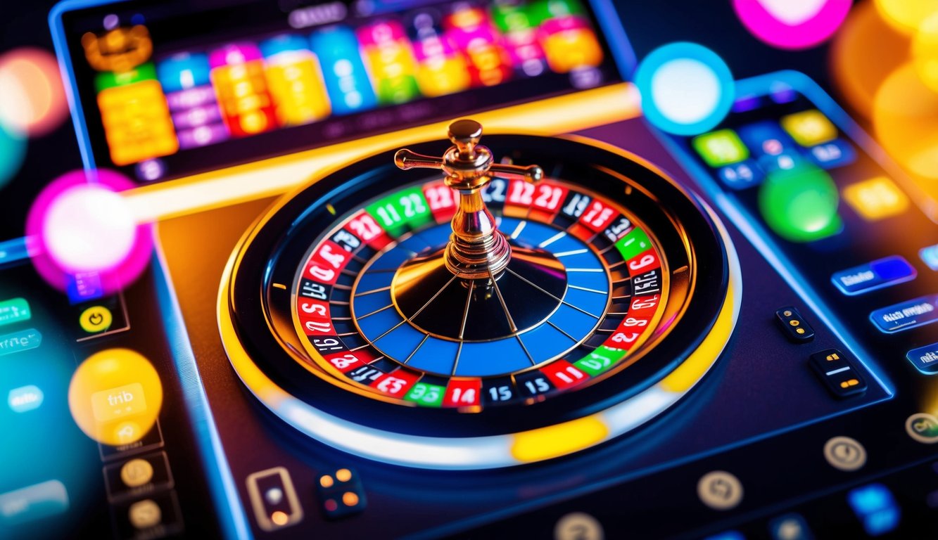 Roda roulette online yang berwarna-warni berputar di antarmuka digital, dikelilingi oleh grafik yang cerah dan tombol yang bersinar