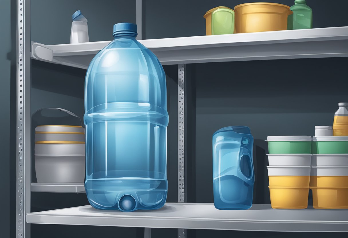 En klar, tætsluttende beholder med vand står på en hylde i et køligt, mørkt opbevaringsområde