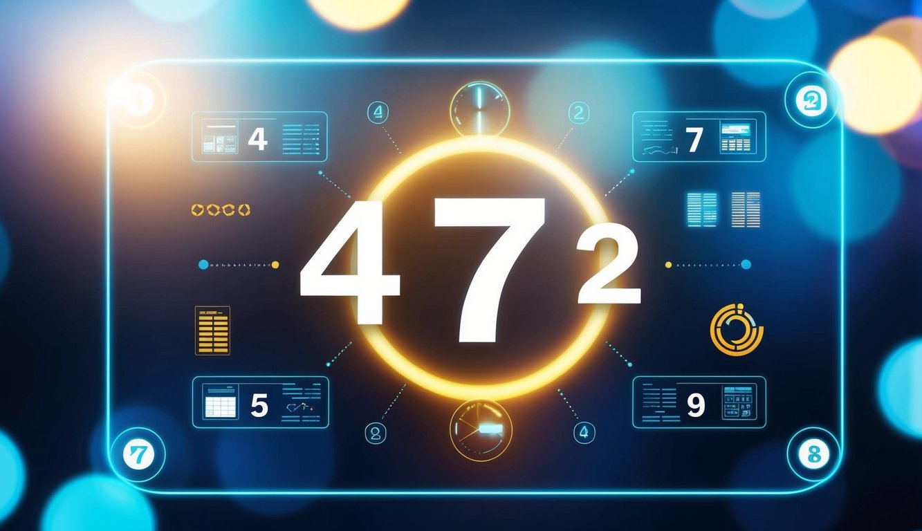 Antarmuka digital yang bersinar menampilkan angka 4, 7, 2, dan 9, dikelilingi oleh grafik dan simbol berwarna-warni.