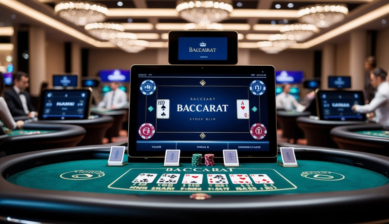 Sebuah meja baccarat yang ramping dan modern dengan layar digital dan dek kartu yang elegan, dikelilingi oleh pemain virtual dalam pengaturan kasino online