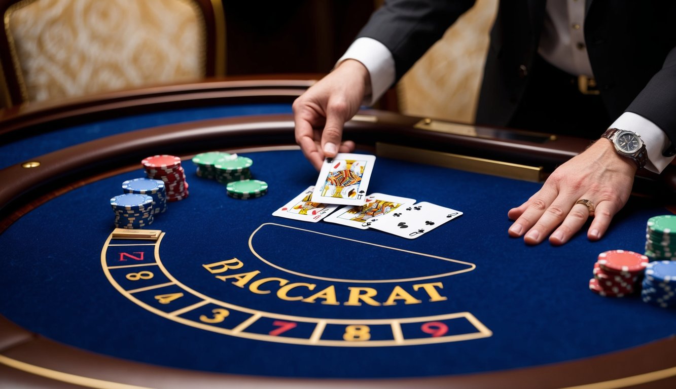 Sebuah meja baccarat dengan kartu, chip, dan tangan dealer yang membagikan kartu