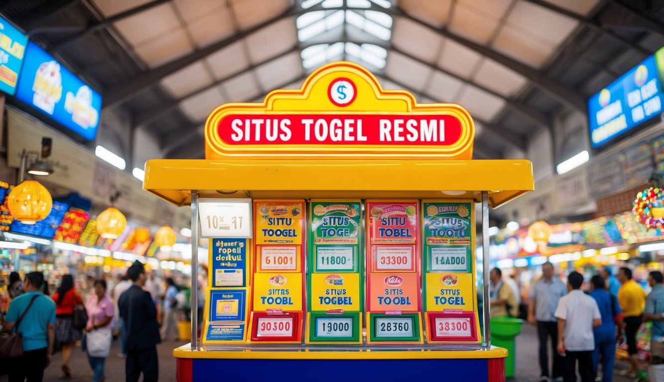 Sebuah stan tiket lotere yang berwarna-warni dan cerah dengan tanda besar yang menampilkan "Situs Togel Resmi" di tengah alun-alun pasar yang ramai