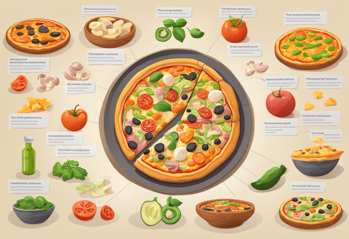 En farverig pizza med forskellige toppings omgivet af ernæringsoplysninger og sundhedsrelaterede symboler