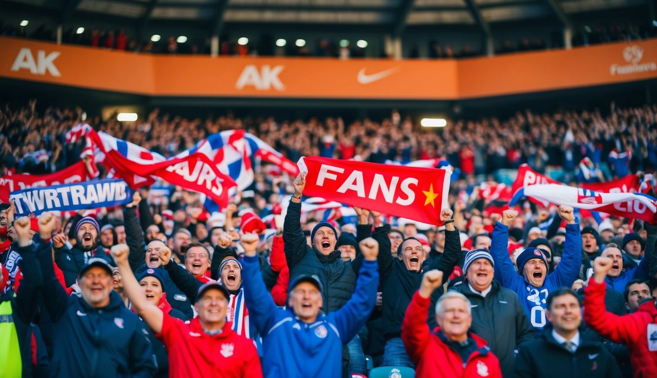 Sebuah stadion olahraga yang ramai dengan penggemar yang bersorak dan melambaikan spanduk