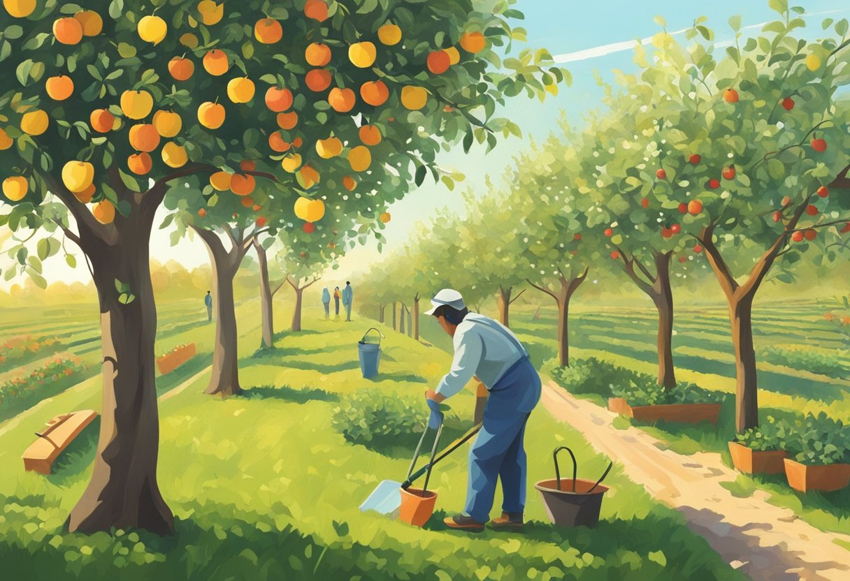 En solrig frugthave med et ensomt æbletræ, der bliver omhyggeligt beskåret af en skikkelse i det fjerne. Skikkelsen er omgivet af forskellige havearbejdsredskaber og udstyr.