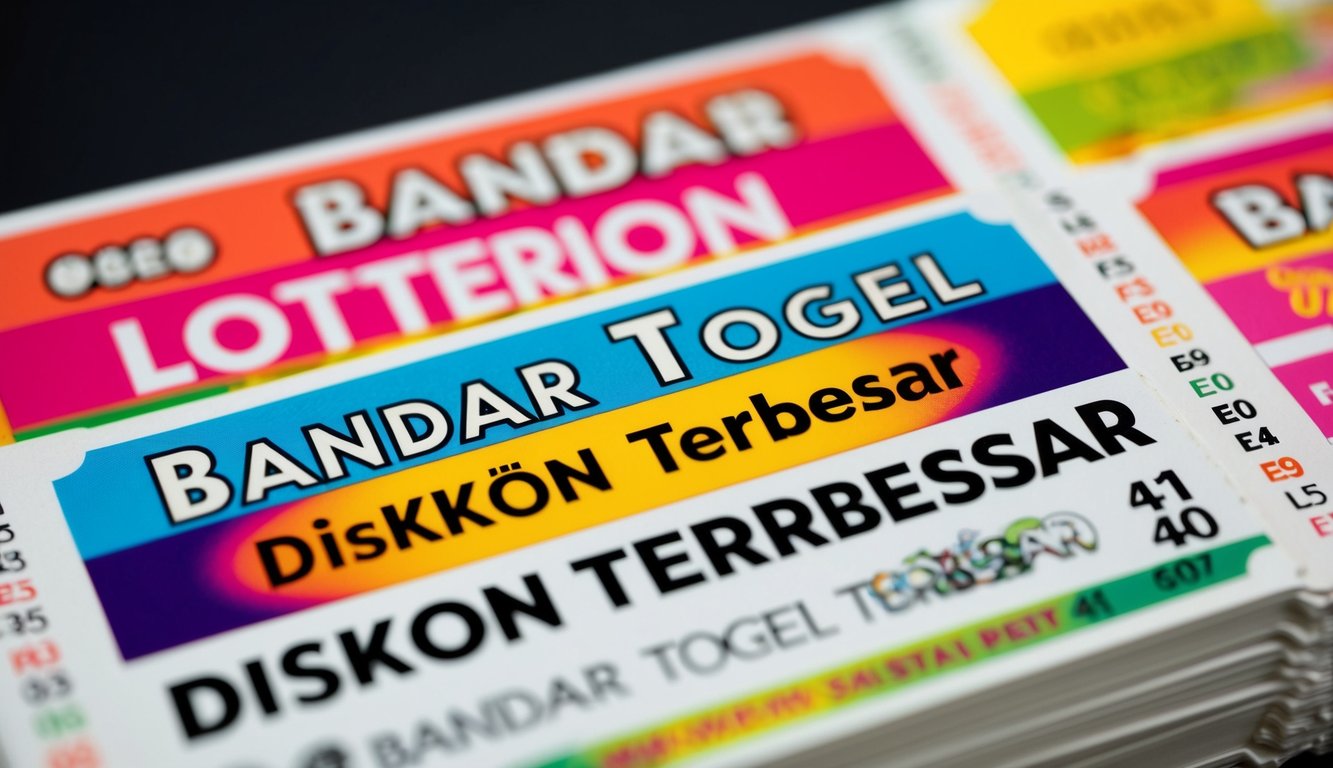 Sebuah tiket lotere berwarna-warni dengan kata-kata "Bandar togel diskon terbesar" ditampilkan secara mencolok