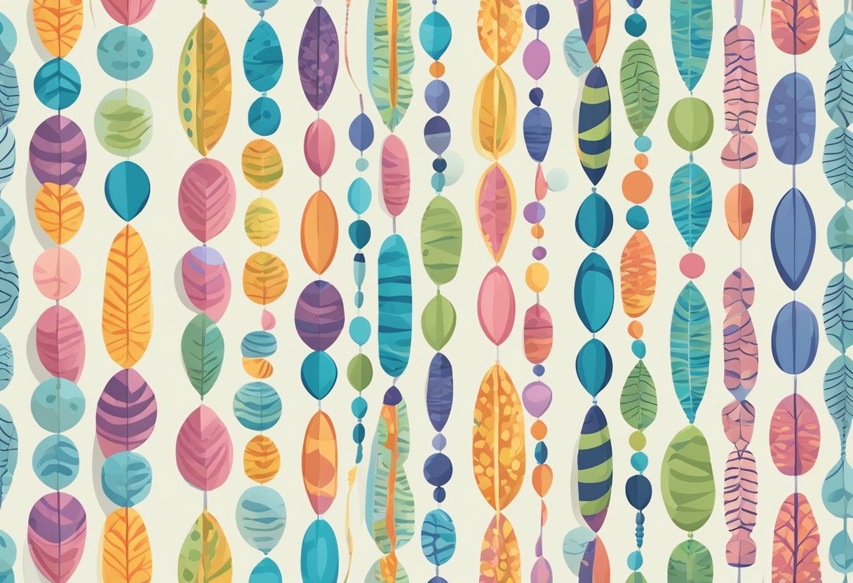 En farverig illustration af kromosomer og genetisk variation, med forskellige former og mønstre, der repræsenterer forskellige genetiske træk