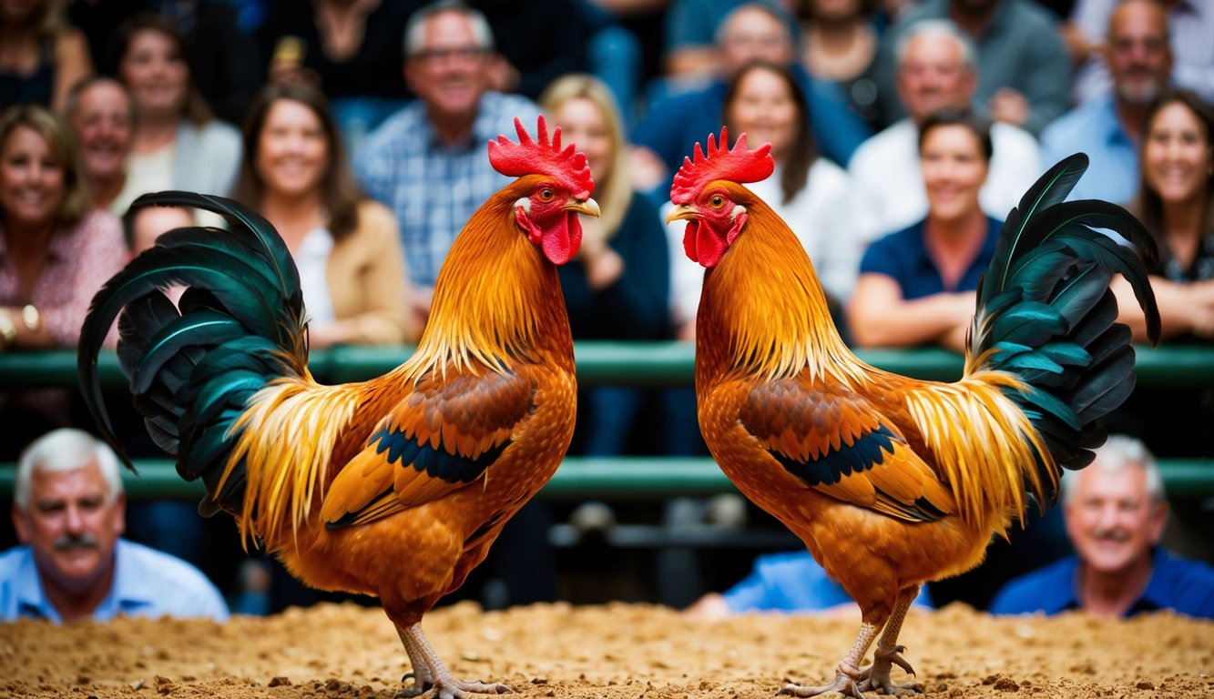 Dua ayam jantan berhadapan di arena yang ramai, dikelilingi oleh penonton yang antusias