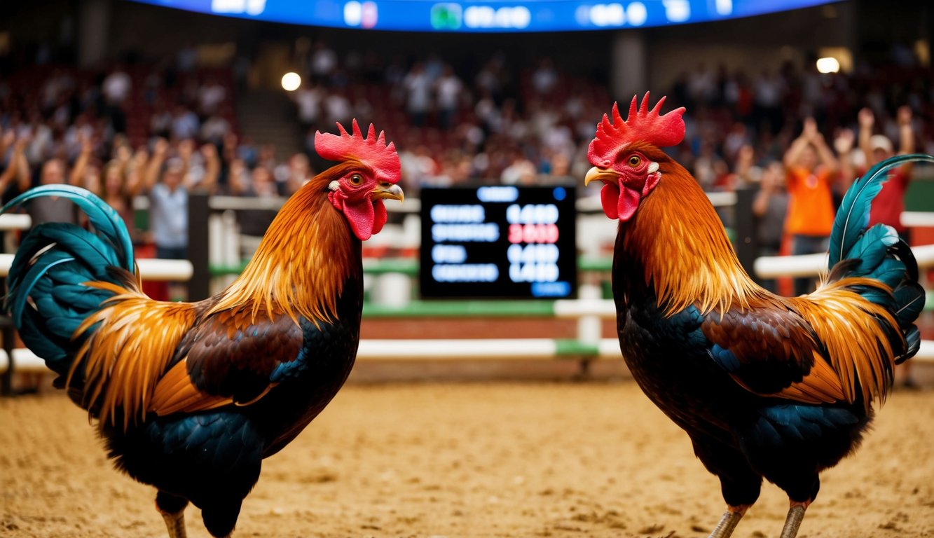 Dua ayam jantan saling berhadapan di arena sabung ayam online yang ramai, dikelilingi oleh penonton yang bersorak dan antarmuka digital yang menampilkan peluang taruhan