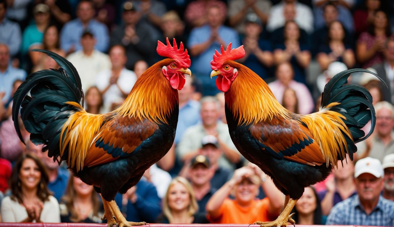 Dua ayam jantan berhadapan di arena yang ramai, dikelilingi oleh penonton yang bersorak.